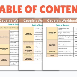 May include: A table of contents for a couple's workbook with sections on communication, personal stress, conflict resolution, financial management, leisure activities, sex and affection, relationship roles, spiritual beliefs, marriage expectations, children and parenting, couple and family maps, personality, and goals.
