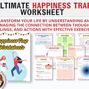 Puede incluir: Un conjunto de hojas de trabajo imprimibles tituladas "Happiness Trap Worksheets" con un esquema de color rosa, verde y amarillo. Las hojas de trabajo están diseñadas para ayudar a las personas a comprender y gestionar la conexión entre los pensamientos, los sentimientos y las acciones. Las hojas de trabajo incluyen ejercicios como "The Problems and Values Worksheet", "The Life Compass", "Dissecting the Problem", "Your Values", "Vitality vs. Suffering Diary" y "The Bull's Eye".