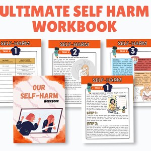 Peut inclure: Un cahier d'exercices intitul&eacute; "Ultimate Self Harm Workbook" avec du texte orange et blanc. La couverture pr&eacute;sente le titre "Our Self-Harm Workbook" et des illustrations. Plusieurs pages avec des t&acirc;ches et des invites sont visibles.