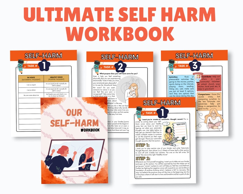 Peut inclure: Un cahier d'exercices intitul&eacute; "Ultimate Self Harm Workbook" avec du texte orange et blanc. La couverture pr&eacute;sente le titre "Our Self-Harm Workbook" et des illustrations. Plusieurs pages avec des t&acirc;ches et des invites sont visibles.