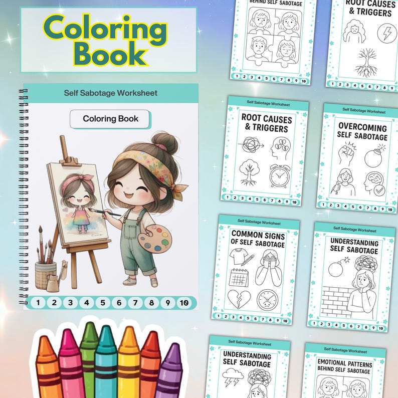 Self Sabotage Worksheets: Therapy Psychoeducation Tools, 95+ Pages, 10+ Topics, Hyperlinked, Coloring Book (PDF) image 5