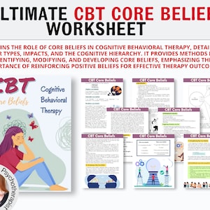 CBT Core beliefs, Psychoeducation, Thinking Traps, Automatic Thinking. Negative Thinking. Growth Mindset, Therapy Worksheets, CBT Tools