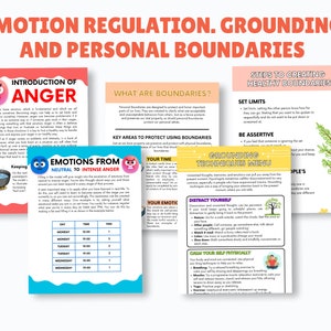 May include: A collection of educational printables on emotion regulation, grounding, and personal boundaries. The pages feature titles like "Introduction of Anger" and "Grounding Techniques Menu," with colorful illustrations and text.