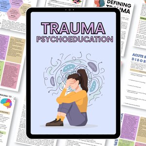 May include: A digital tablet displays the words "TRAUMA PSYCHOEDUCATION" above an illustration of a person with their head in their hands. Surrounding the illustration are swirling lines and thought bubbles. Various educational documents are visible in the background.