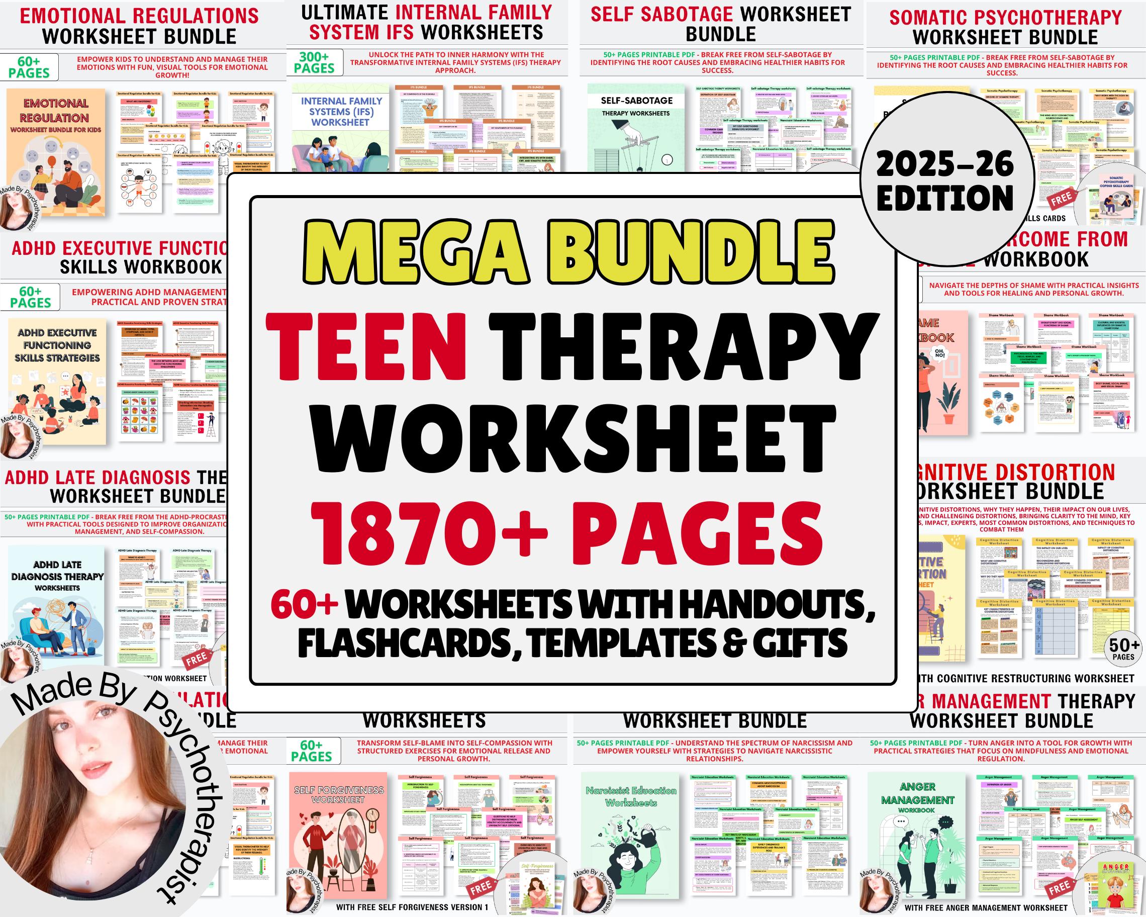 Teen Therapy Mega Worksheet Bundle, Therapy Workbook, Therapist Journal Anxiety, Psychology Kids Mental Health, Teenagers Coping Skills, GAD