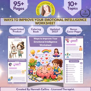 May include: A digital worksheet titled Ways to Improve Your Emotional Intelligence Worksheet featuring 95+ pages and 10+ topics. The cover displays a cartoon illustration of a person painting a brain, surrounded by a sun, rainbow, and hearts.