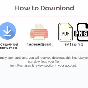 May include: How to Download graphic with three icons. The first icon is a blue circle with a white downward arrow. The second icon is a red printer with a white sheet of paper. The third icon is a black file folder with the words "PDF" and "PNG" inside.