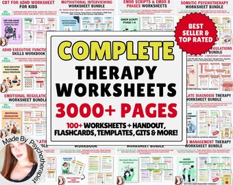 Therapy worksheet bundle, psychology resources, inner critic, boundaries, trauma, acceptance therapy, safety plan, planner, affirmations,GAD