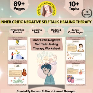 Inner Critic, Self Esteem Worksheet, Self Help, Therapy Worksheets, 89+ Pages, 10+ Topics, Hyperlinked, Coloring Book (PDF)