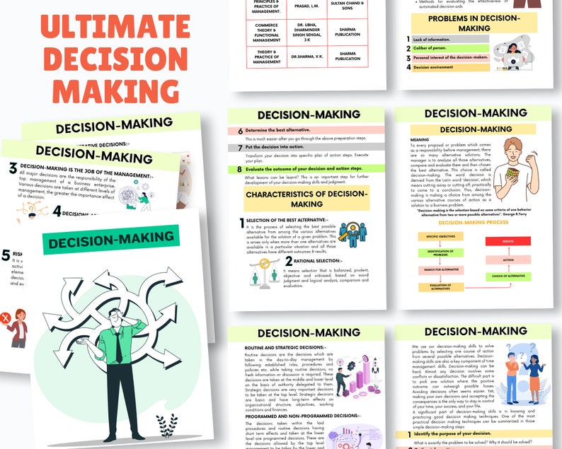 May include: A colorful infographic with the title "Ultimate Decision Making" and several sections on decision-making processes, characteristics, and problems. The infographic features illustrations of people making decisions and a flowchart of the decision-making process.