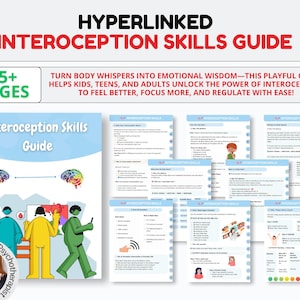 Puede incluir: Una guía "Interoception Skills Guide" con el texto "Convierte los susurros del cuerpo en sabiduría emocional." La portada presenta ilustraciones de cerebros y figuras. La guía, con más de 35 páginas, está dirigida a niños, adolescentes y adultos.