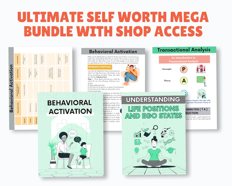 May include: A digital product bundle with a green and white colour scheme. The bundle includes four digital products: "Behavioral Activation", "Behavioral Activation", "Understanding Life Positions and Ego States", and "Transactional Analysis".