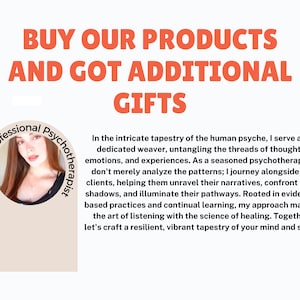 Peut inclure: Image avec le texte &laquo;&nbsp;ACHETEZ NOS PRODUITS ET OBTENEZ DES CADEAUX SUPPL&Eacute;MENTAIRES&nbsp;&raquo;. Comprend une photo d'une femme avec le texte &laquo;&nbsp;Fabriqu&eacute; par un psychoth&eacute;rapeute professionnel&nbsp;&raquo;.