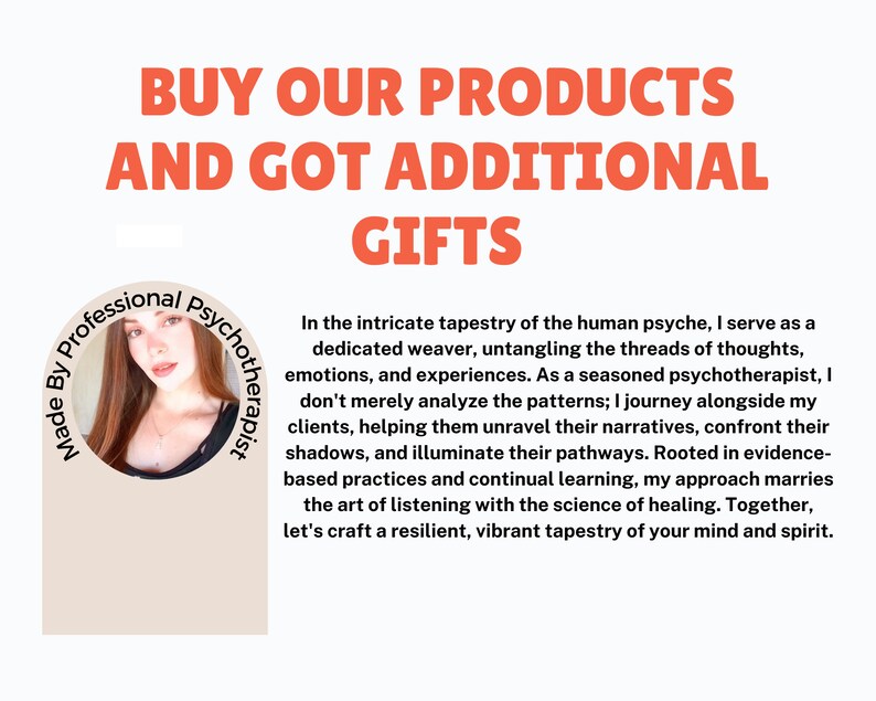Peut inclure: Image avec le texte &laquo;&nbsp;ACHETEZ NOS PRODUITS ET OBTENEZ DES CADEAUX SUPPL&Eacute;MENTAIRES&nbsp;&raquo;. Comprend une photo d'une femme avec le texte &laquo;&nbsp;Fabriqu&eacute; par un psychoth&eacute;rapeute professionnel&nbsp;&raquo;.