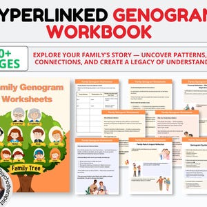 May include: A workbook titled "Hyperlinked Genogram Workbook" with "40+ Pages." The cover features a family tree illustration and the words "Family Genogram Worksheets." The workbook aims to help users explore family history.