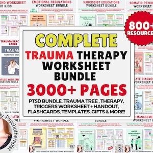 Trauma Therapy Bundle, Trauma Worksheets, PTSD Worksheet BPD Coping, Self-Worth, Narrative Therapy, Cognitive Distortion, Trauma Healing