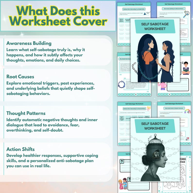 Self Sabotage Worksheets: Therapy Psychoeducation Tools, 95+ Pages, 10+ Topics, Hyperlinked, Coloring Book (PDF) image 4