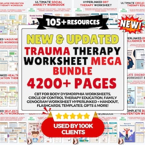 May include: A collection of therapy worksheets, including CBT, Circle of Control, and Family Genogram, with over 4200 pages. The bundle includes flashcards, templates, and handouts. The title reads "Trauma Therapy Worksheet Mega Bundle".