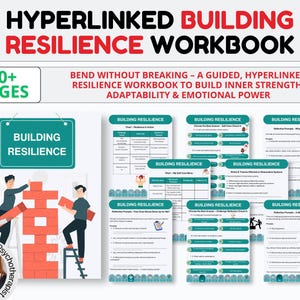 Puede incluir: Un cuaderno de trabajo titulado "HYPERLINKED BUILDING RESILIENCE WORKBOOK" con el texto "50+ PAGES". La portada presenta un letrero verde azulado que dice "BUILDING RESILIENCE" e ilustraciones de personas construyendo una estructura de ladrillos. El cuaderno de trabajo está hecho por un psicoterapeuta.