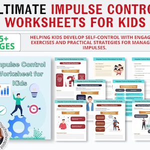 May include: A set of 35+ printable worksheets for kids to help them develop self-control. The worksheets feature colorful illustrations and engaging activities. The title of the set is "Ultimate Impulse Control Worksheets for Kids".