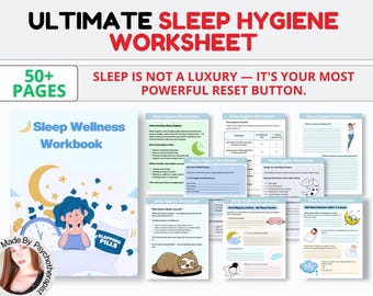 Puede incluir: Un cuaderno azul y blanco titulado "Sleep Wellness Workbook" con una ilustración de una luna creciente y estrellas. La portada también presenta un personaje de dibujos animados con un globo de pensamiento que dice "Sleeping Pills". Los textos "50+ Pages" y "Made By Psychotherapist" también son visibles. El cuaderno forma parte de un conjunto más amplio de hojas de trabajo titulado "Ultimate Sleep Hygiene Worksheet".