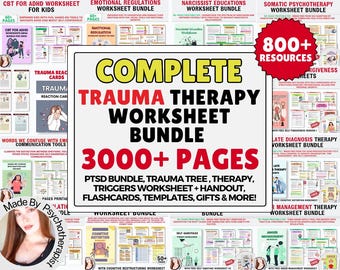 Trauma Therapy Bundle, Trauma Worksheets, PTSD Worksheet BPD Coping, Self-Worth, Narrative Therapy, Cognitive Distortion, Trauma Healing