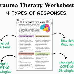 May include: A white worksheet titled "Trauma Therapy Worksheets" with the text "4 TYPES OF RESPONSES." The worksheet details physical and emotional reactions, and helpful and unhelpful coping strategies. A colorful brain diagram is included.