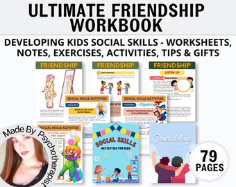 Puede incluir: Un libro de trabajo colorido titulado "Ultimate Friendship Workbook" con el subtítulo "Developing Kids Social Skills - Worksheets, Notes, Exercises, Activities, Tips & Gifts". El libro de trabajo tiene 79 páginas y presenta ilustraciones de niños.