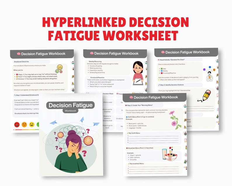 May include: A white workbook titled "Decision Fatigue Workbook" with a woman on the cover, surrounded by question marks and clocks. The text "HYPERLINKED DECISION FATIGUE WORKSHEET" is at the top. Several pages are displayed, showing charts and diagrams.