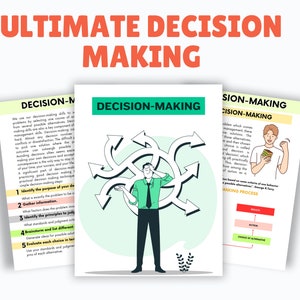 May include: A green and white illustration of a person standing with their hands on their head, surrounded by arrows pointing in different directions. The text "DECISION-MAKING" is written in black on a white background. The text "ULTIMATE DECISION MAKING" is written in red on a white background.