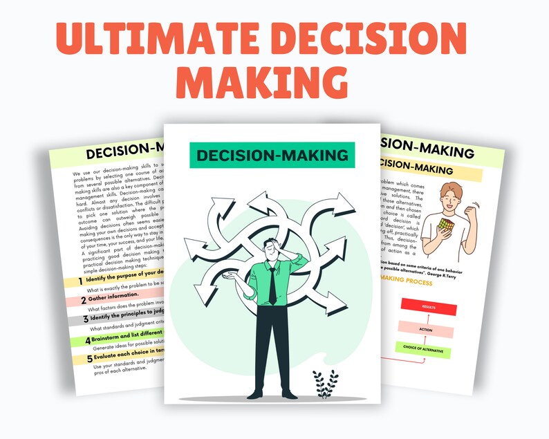 May include: A green and white illustration of a person standing with their hands on their head, surrounded by arrows pointing in different directions. The text "DECISION-MAKING" is written in black on a white background. The text "ULTIMATE DECISION MAKING" is written in red on a white background.