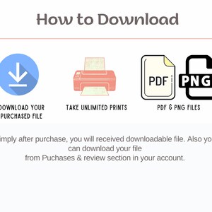 May include: How to Download graphic with three icons. The first icon is a blue circle with a white downward arrow. The second icon is a red printer with a white sheet of paper. The third icon is a black file folder with the words "PDF" and "PNG" in white text.