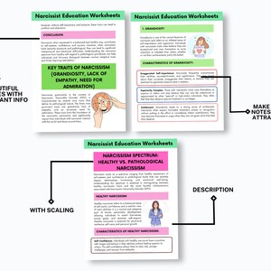Puede incluir: Un conjunto de tres hojas de trabajo imprimibles tituladas "Narcissist Education Worksheets" con ilustraciones coloridas y texto sobre el narcisismo, la grandiosidad, la empat&iacute;a y la admiraci&oacute;n. Las hojas de trabajo est&aacute;n dise&ntilde;adas para ayudar a las personas a comprender el espectro del narcisismo, desde el sano hasta el patol&oacute;gico.