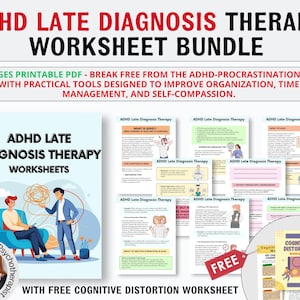 Op de afbeelding: Een printbare PDF-bundel met werkbladen voor late ADHD-diagnosetherapie. De omslag toont een cartoonillustratie van een therapeut en een patiënt. De bundel bevat meer dan 50 pagina's werkbladen en een gratis werkbladen voor cognitieve vervorming.