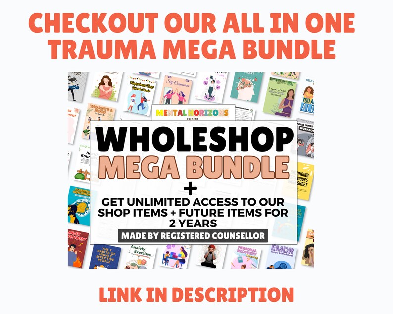 Peut inclure: Publicit&eacute; pour un m&eacute;ga pack de traumatologie. L'image pr&eacute;sente le texte "CHECKOUT OUR ALL IN ONE TRAUMA MEGA BUNDLE" en orange. En dessous, le texte "WHOLESHOP MEGA BUNDLE" est affich&eacute;. L'image comprend &eacute;galement le texte "GET UNLIMITED ACCESS TO OUR SHOP ITEMS + FUTURE ITEMS FOR 2 YEARS".