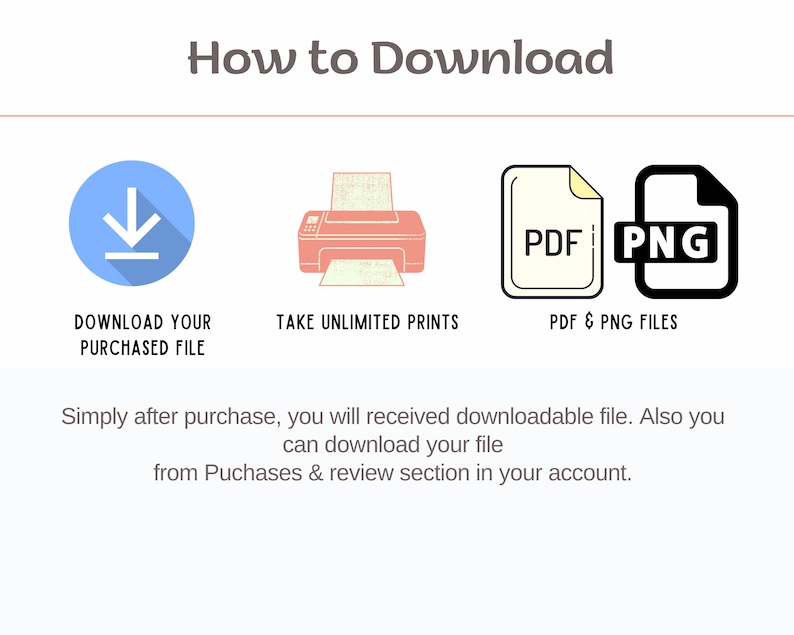 May include: An infographic with instructions on how to download a purchased file. It includes icons for downloading, printing, and file types (PDF and PNG). Text reads: "How to Download," "Download Your Purchased File," and "Take Unlimited Prints."