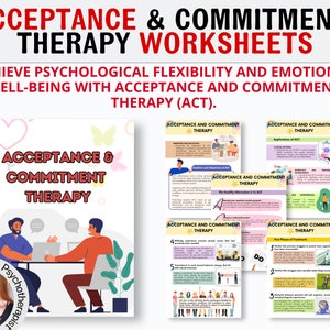 Puede incluir: Un conjunto de hojas de trabajo coloridas para la Terapia de Aceptación y Compromiso (ACT). Las hojas de trabajo presentan ilustraciones de personas y texto sobre la terapia. El título de las hojas de trabajo es "Acceptance & Commitment Therapy Worksheets".