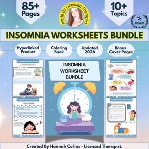 May include: An Insomnia Worksheets Bundle with over 85 pages and 10+ topics. The cover features a cartoon of a person in bed with a sheep. Includes a coloring book and bonus cover pages. Created by a licensed therapist.