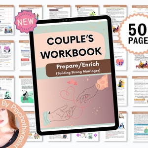 May include: A digital tablet displaying a pink and brown cover with the text "COUPLE'S WORKBOOK Prepare/Enrich (Building Strong Marriages)". The cover features a red heart with a red string connecting two hands. The tablet is surrounded by pages of a workbook with the text "50+ PAGES" in a white circle with a red border.