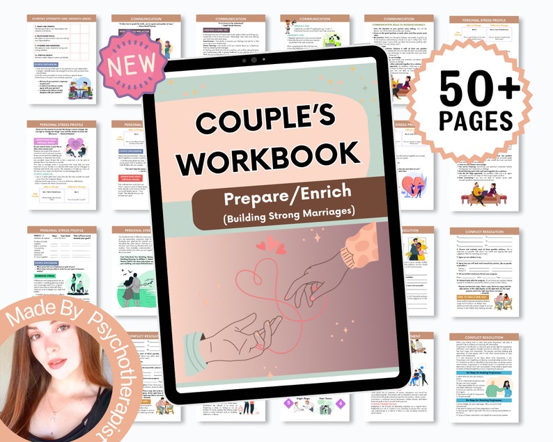 May include: A digital tablet displaying a pink and brown cover with the text "COUPLE'S WORKBOOK Prepare/Enrich (Building Strong Marriages)". The cover features a red heart with a red string connecting two hands. The tablet is surrounded by pages of a workbook with the text "50+ PAGES" in a white circle with a red border.