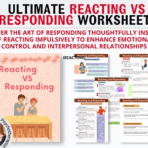 Può includere: Un foglio di lavoro intitolato "Ultimate Reacting vs Responding Worksheet" con uno sfondo rosa e un'illustrazione di cartone animato di una coppia che litiga. Il foglio di lavoro è progettato per aiutare le persone a imparare a rispondere in modo ponderato invece di reagire impulsivamente per migliorare il controllo emotivo e le relazioni interpersonali.