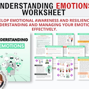 May include: A worksheet titled "Understanding Emotions" with a green and white color scheme. The worksheet is designed to help people develop emotional awareness and resilience by understanding and managing their emotions effectively. The worksheet features a cartoon illustration of a person sitting in a chair with various emotions represented by hearts around them. The worksheet also includes several pages with text and exercises.