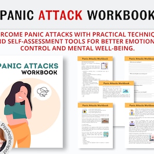 Könnte beinhalten: Ein Arbeitsbuch mit dem Titel "Panic Attacks Workbook" mit gelbem Einband und einer Cartoon-Illustration einer Person, die einen Panikanfall erlebt. Das Arbeitsbuch soll Menschen helfen, Panikattacken mit praktischen Techniken und Selbsteinschätzungswerkzeugen zu überwinden, um eine bessere emotionale Kontrolle und ein besseres psychisches Wohlbefinden zu erreichen.