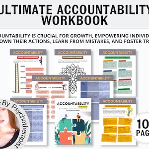 May include: A workbook titled "Ultimate Accountability Workbook" with the tagline "Accountability is crucial for growth, empowering individuals to own their actions, learn from mistakes, and foster trust". The workbook features several pages with colorful illustrations and text about accountability, including a ladder, a mandala, and a puzzle.