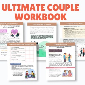 May include: A colorful workbook titled "Ultimate Couple Workbook" with sections on personal stress profile, sharing strength and growth areas, couple discussion, conflict resolution, and communication. The workbook features illustrations of couples and includes tips for improving relationships.