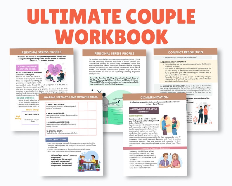 May include: A colorful workbook titled "Ultimate Couple Workbook" with sections on personal stress profile, sharing strength and growth areas, couple discussion, conflict resolution, and communication. The workbook features illustrations of couples and includes tips for improving relationships.