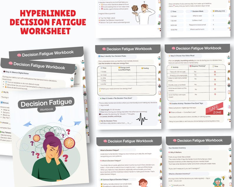 May include: A collection of white workbooks titled "Decision Fatigue Workbook" with the text "Hyperlinked Decision Fatigue Worksheet" at the top. The cover features a cartoon of a person with question marks and clocks.