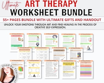 May include: A digital download of 55+ pages of art therapy worksheets. The worksheets are designed to help unlock emotions through art and find healing in the process of creative self-expression. The image shows a variety of worksheets with different prompts and activities. The text "Ultimate Art Therapy Worksheet Bundle" is at the top of the image. The text "Used by Therapist" is at the bottom of the image.