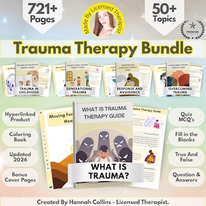 以下が含まれることがあります： 「Trauma Therapy Bundle」と題されたトラウマセラピーガイドのセット。画像には、複数のガイド、塗り絵、クイズ教材が含まれています。このバンドルには721ページ以上、50以上のトピックがあります。ガイドは、子供時代のトラウマや世代間のトラウマなどのトピックをカバーしています。
