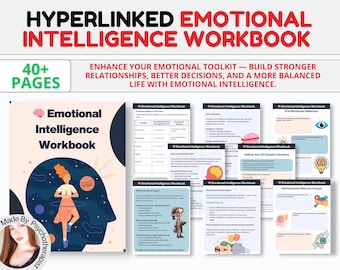 May include: A colorful workbook cover with the title "Emotional Intelligence Workbook" and the text "40+ Pages" in a red box. The cover features a cartoon illustration of a person meditating in a yoga pose with a brain icon above their head. The text "Made By Psychotherapist" is in a pink box at the bottom left corner.